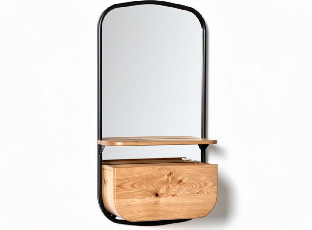 Spiegel met houten plank en lade zwart staal 60 x 40 x 15cm