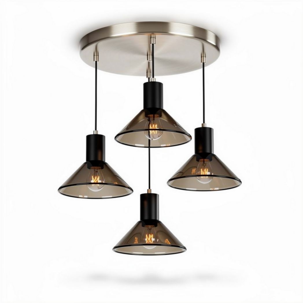 Hanglamp met vier glazen kappen in rookglas en metalen details 30 x 30 x 20cm