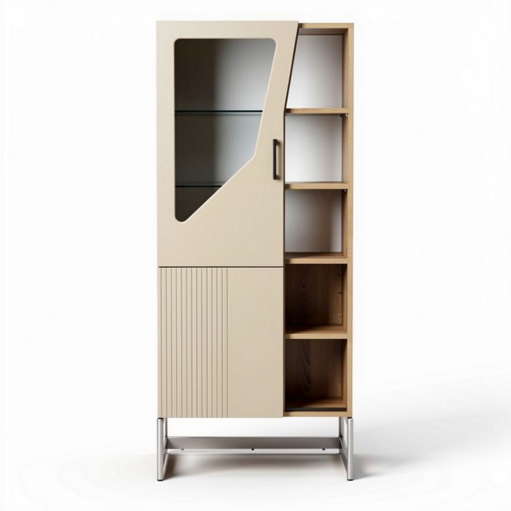 Houten vitrinekast met glazen deur 80 x 40 x 180cm in beige en natuurhout