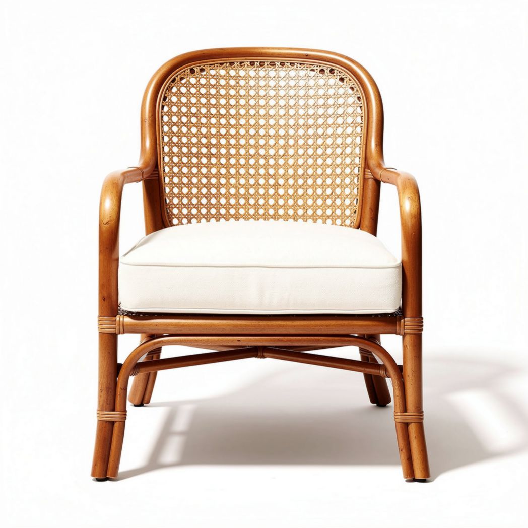 Rieten fauteuil met kussen van stof afmetingen 80 x 70 x 75cm